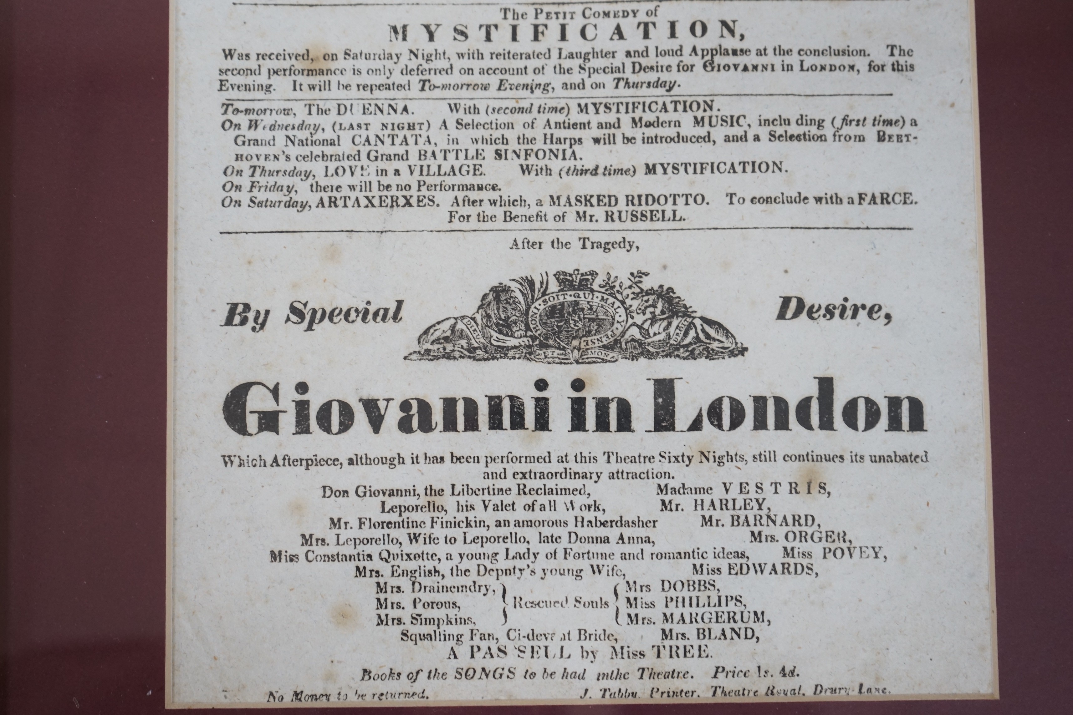 'Conscience; Or The Bridal Night’, Theatre Royal, Drury Lane, April 9, 1821, a framed theatre billboard poster, 32x18cm excl frame
